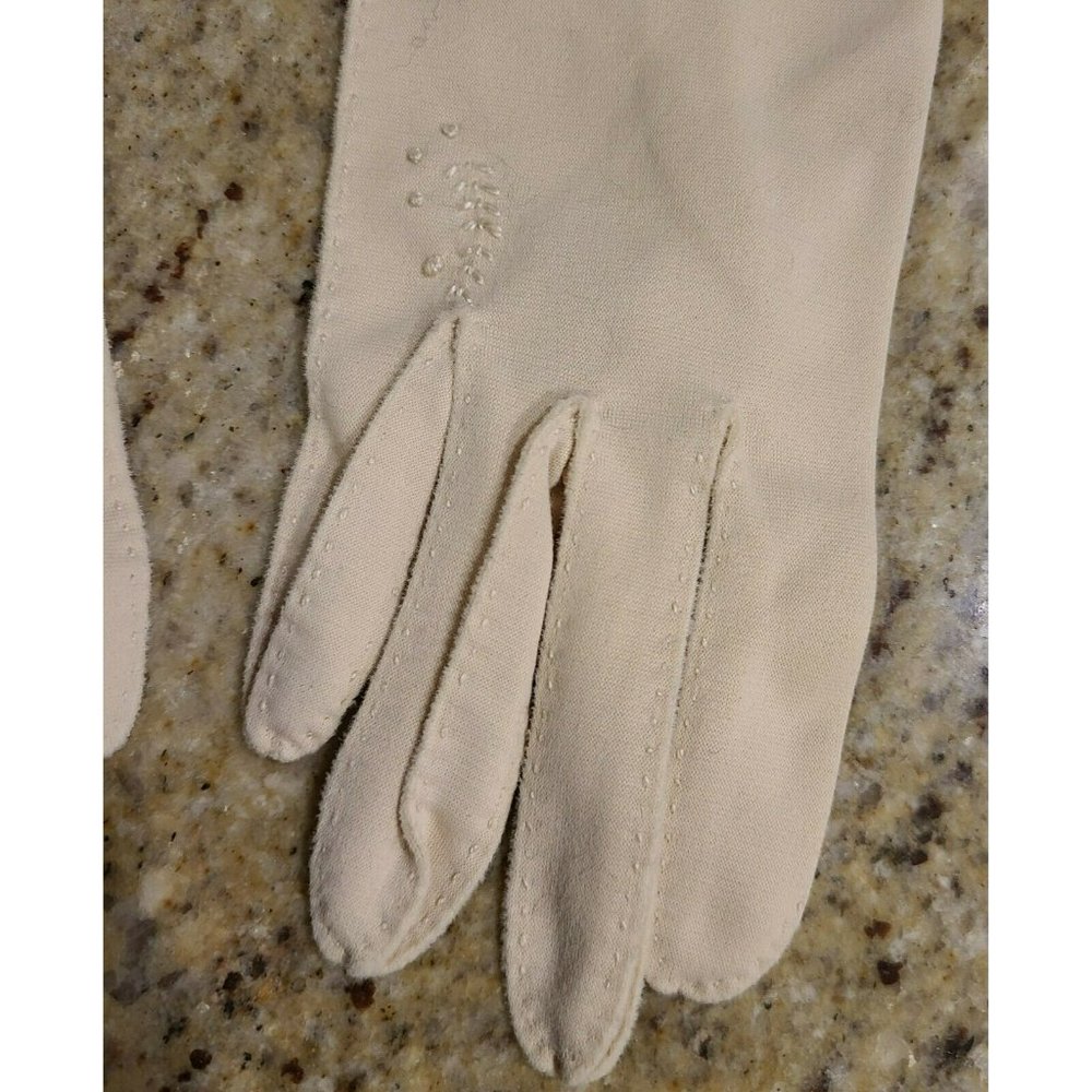 Vtg Nylon Stretch 11.5" Formal Beige Gloves. Women's Sz 6 Medium Embroidered - Picture 3 of 12